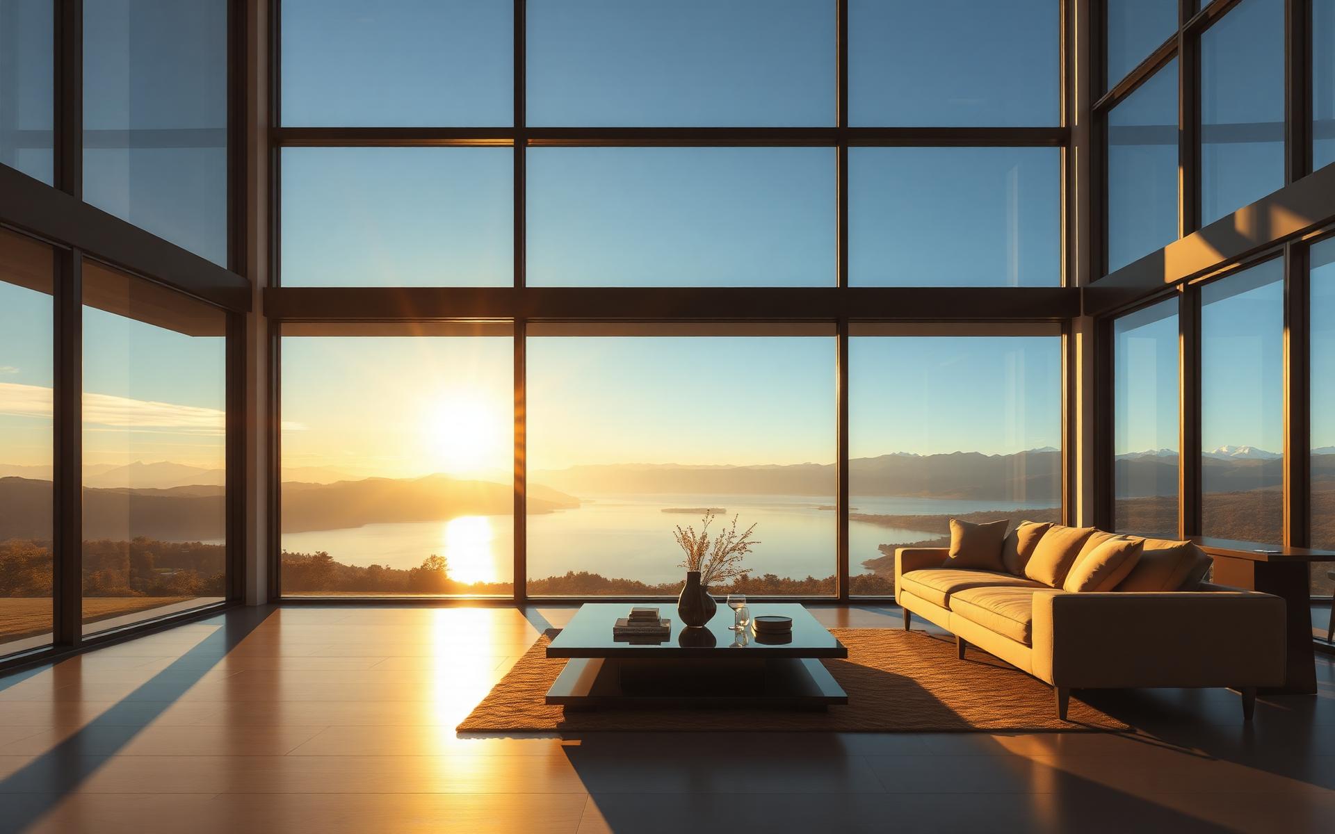 Salon contemporain avec grandes baies vitrées ouvertes sur un lac et des montagnes au coucher du soleil